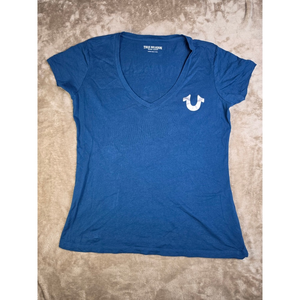 True Religion Womens Blue V-Neck World Tour Buddha Graphic T-Shirt XL Slim V